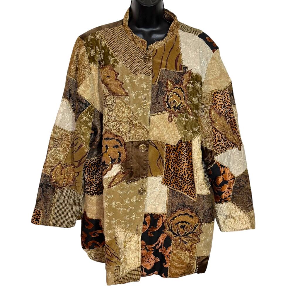 Vtg Y2K Indigo Moon Velvet Tapestry Patchwork Jacket 2XL Boho Art To Wear Floral